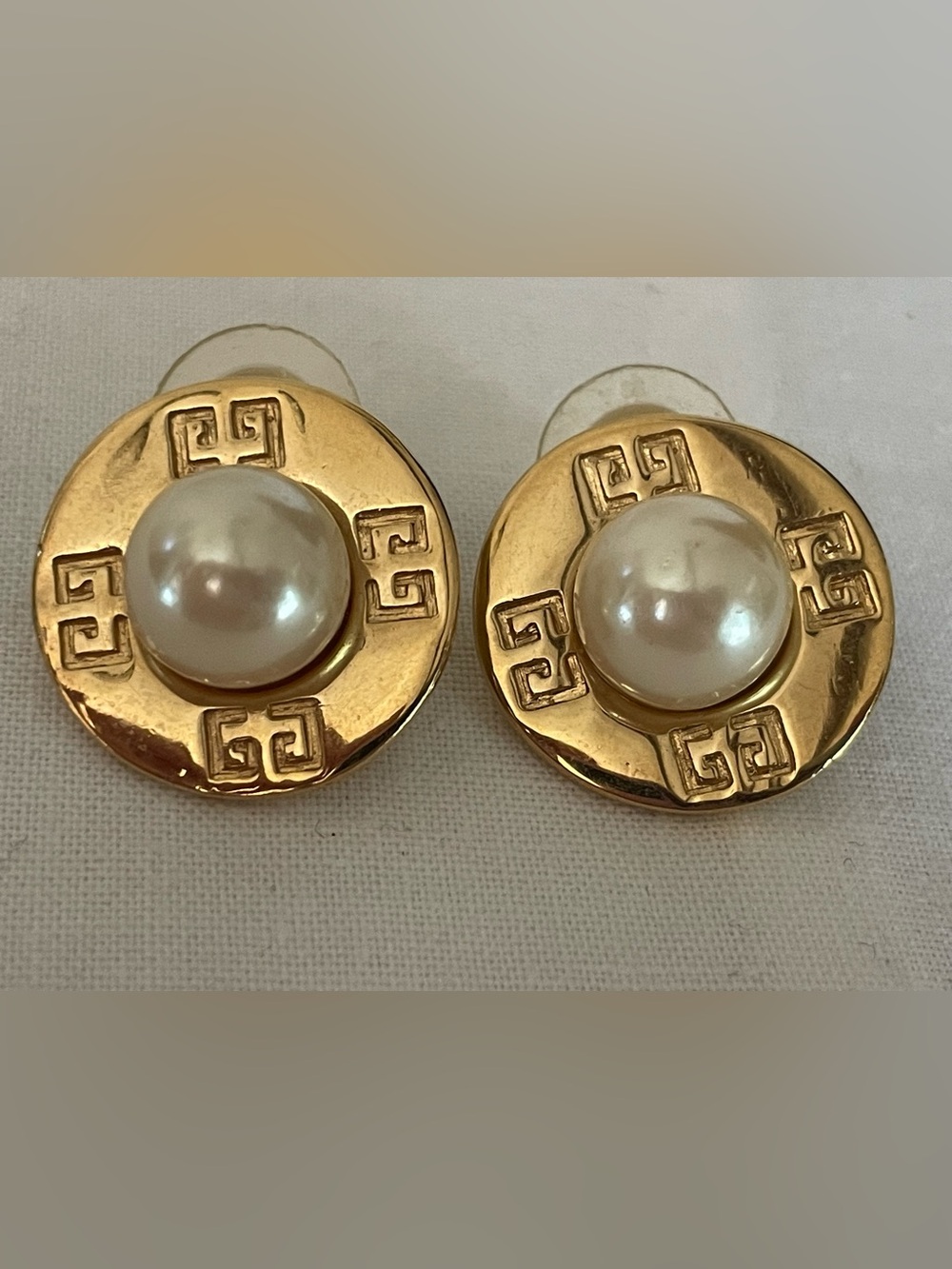 Vintage Givenchy Round Gold Tone Faux Pearl Greek Key G Logo Post Earrings 80's